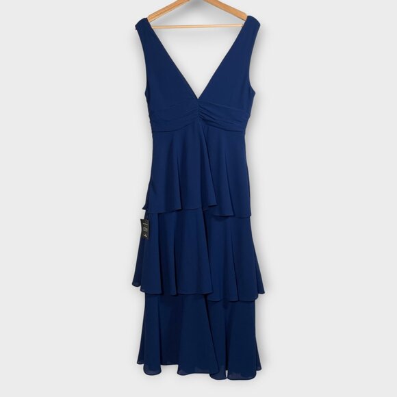Lulu's Midi Cocktail Party Dress MEDIUM Blue V-neck Tiered Wedding Holiday NEW - Picture 4 of 11